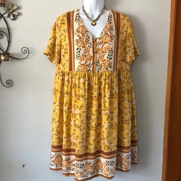 Kirundo Mini Dress Bohemian Short Sleeve Size Large Mustard Floral New - Picture 2 of 13